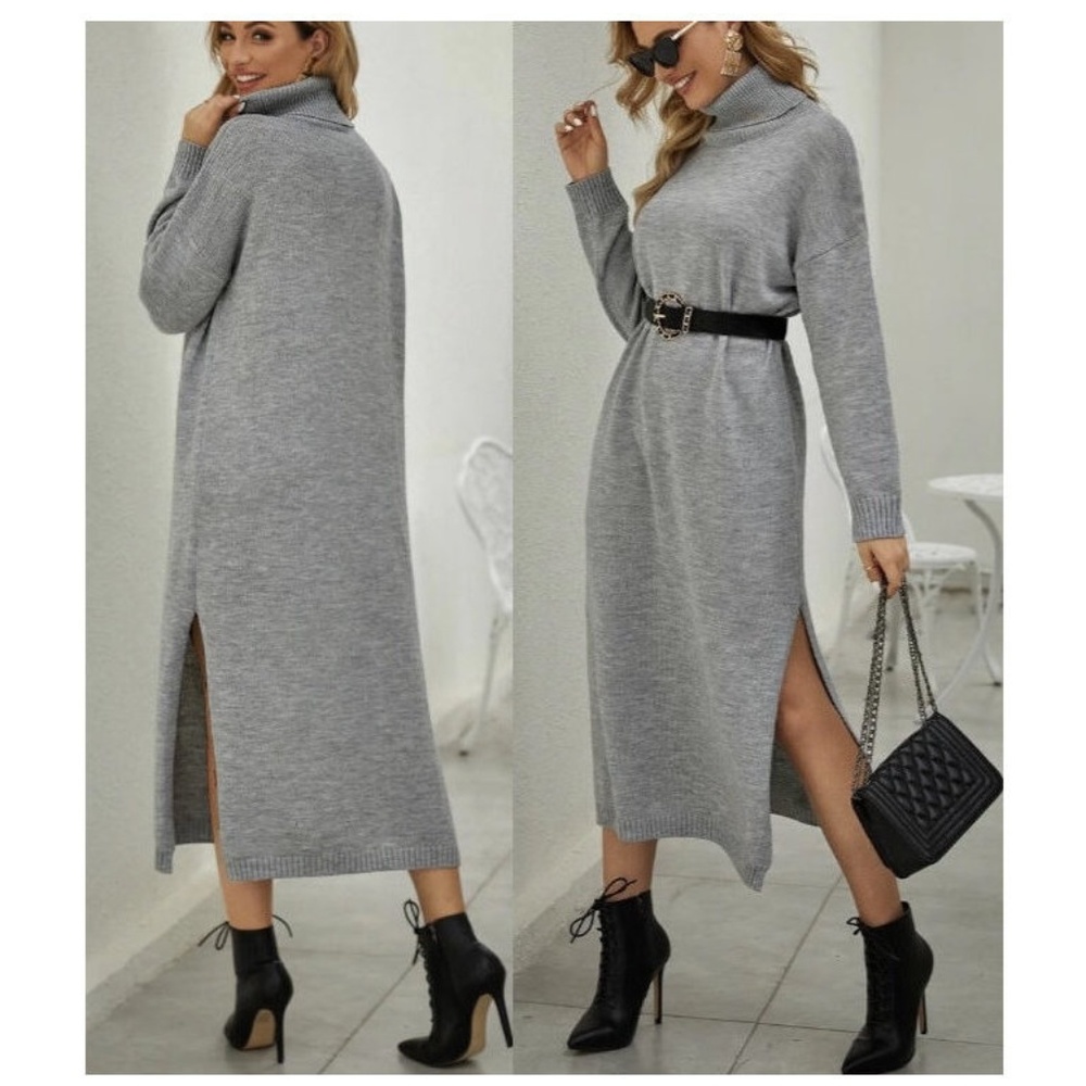 Gray Knit Turtleneck Side Slit Long Sweater Dress Tunic